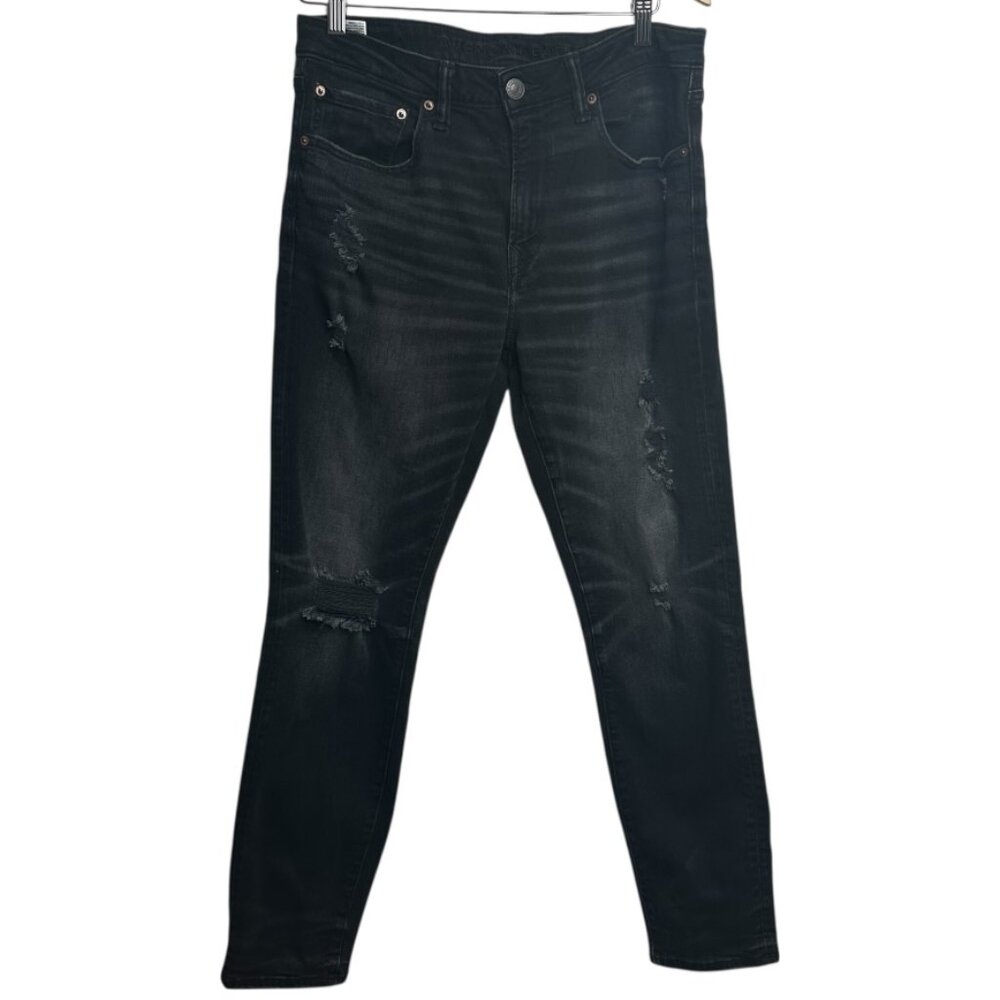 American Eagle AirFlex Ripped Skinny Jeans Black Wash Stretchy Size 31W x 32L